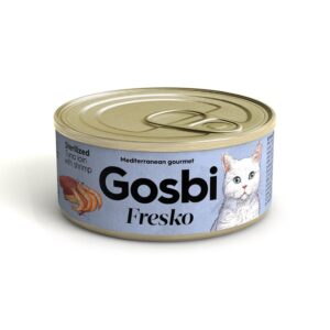 שימורים לחתול | מעדן גוסבי טונה ושרימפס Gosbi fresko  מגש המכיל 32 יחידות